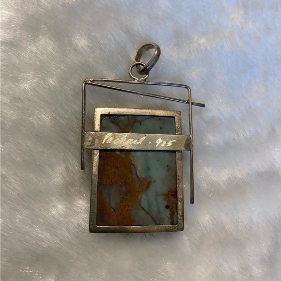 ☘️Signed Large Turquoise Sterling Silver Abstract Pendant - Picture 2 of 3